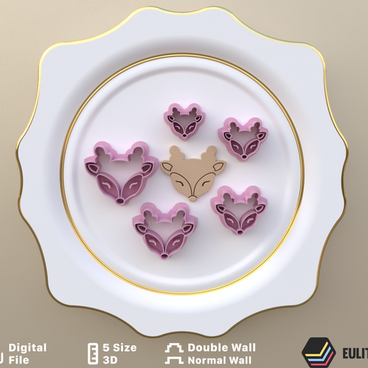 Christmas Deer Polymer Clay Cutters / Digital STL File / 5 Sizes / 2 Cutting Versions/CC/COPYRIGHTED LICENSE 3D model