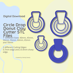Digital Download Circle Drop Donut Clay Cutter STL Files. Sizes: 40mm, 45mm, 50mm, 55mm, 60mm, 65mm and 70mm 2 different Cutting Edges: 0.7mm edge and a 0.4mm sharp edge. Created by UtterlyCutterly Archivo 3D Cortador de arcilla circular - Descarga de archivos digitales STL de donuts - 7 tamaños y 2 versiones de cortadores・Plan para descargar y imprimir en 3D