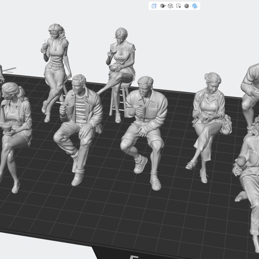 9 Spectateurs Assis Café - Figures Tribunes Slot Racing 1/32 - Diorama Café - STL - 9 Seated Spectators with Drinks