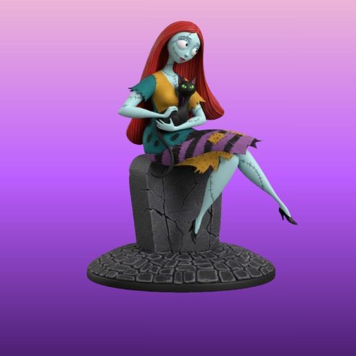 🐱 Sally com gato preto Figura 3D realista com base sólida