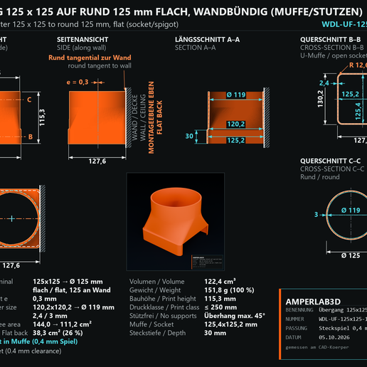 Übergang eckig 125x125 auf rund 125 mm, Muffe am eckigen Ende – versetzt, bei Wand bündig