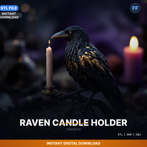 Raven Bird Perched On Branch, Holding Candle In Beak, - 3D Printable STL File