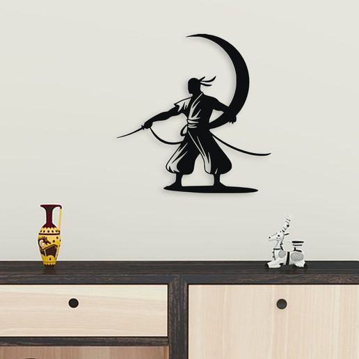 🗡️ Samurai Warrior with Crescent Moon Wall Art Decor・ 3D File