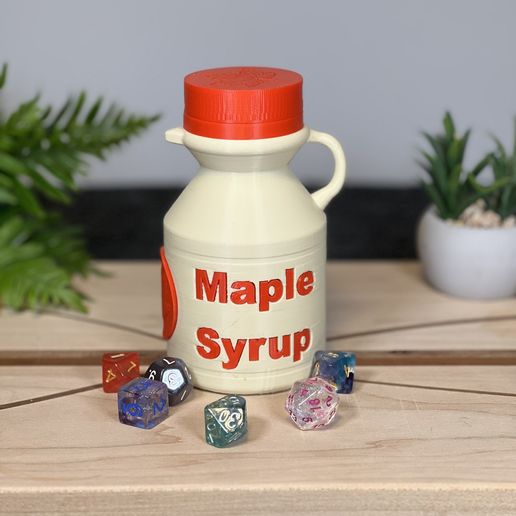 MSDC-with-dice-and-closed-lid.jpg 3D Printed “Maple Syrup” Dice Container – Secret Dice Storage Bottle for DnD & TTRPG Players – Funny Hidden Dice Holder Gift