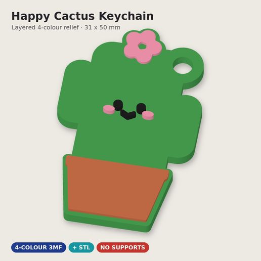 Happy Cactus Keychain – Cute Layered Multicolor Keyring | 3MF + STL