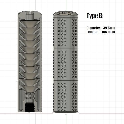 Type B: Diameter: 39.5mm Length: 165.0mm Modular Airsoft Suppressor