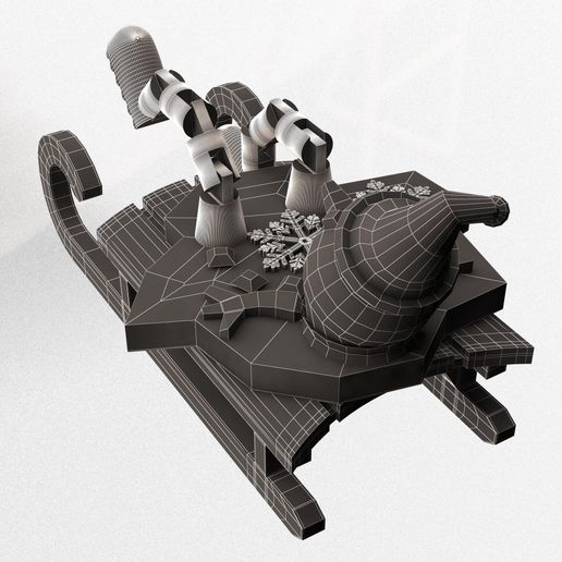 Wireframe-Low-MS-51.jpg Christmas Sleigh with Melted Flexi Snowman.Print-in-place. (No Supports and no Rafts)