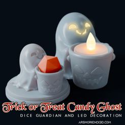 Ovick' or Oreat Candy Ghost DICE GUARDIAN AND LED DECORATION ARSMORIENDI3D.COM Free 3D file Trick Or Treat Candy Ghost・3D printable model to download
