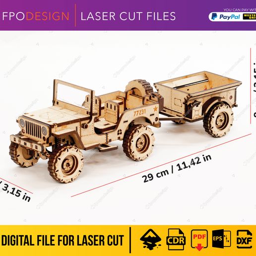 JP-W-REMOLQUE1.jpg Carro de guerra 4x4 con remolque planos corte láser madera mdf aglomerado de 3mm truck  modelo 3d para armar Laser Cut 3D Puzzle DIY png svg