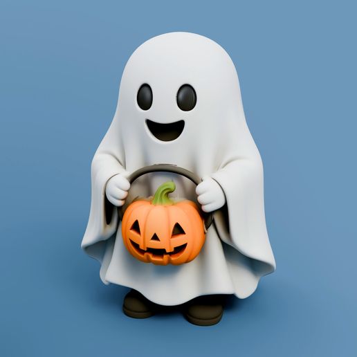 Cute Ghost with Pumpkin Bucket – Halloween Decor Figurine STL