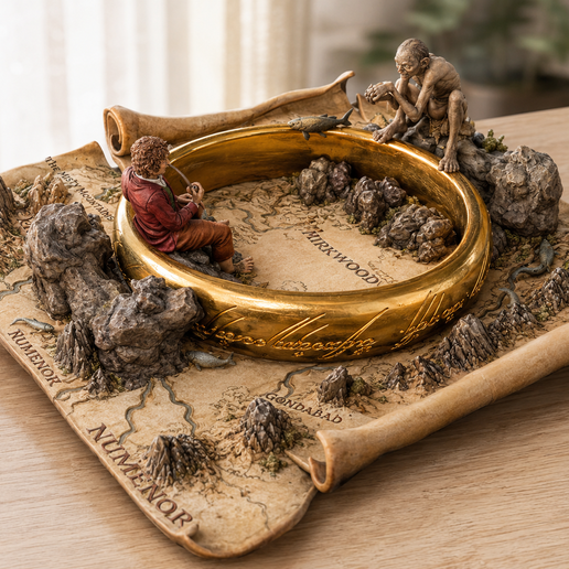 💍 Bilbo and Gollum on the ring of the Middle-earth map (the Lord