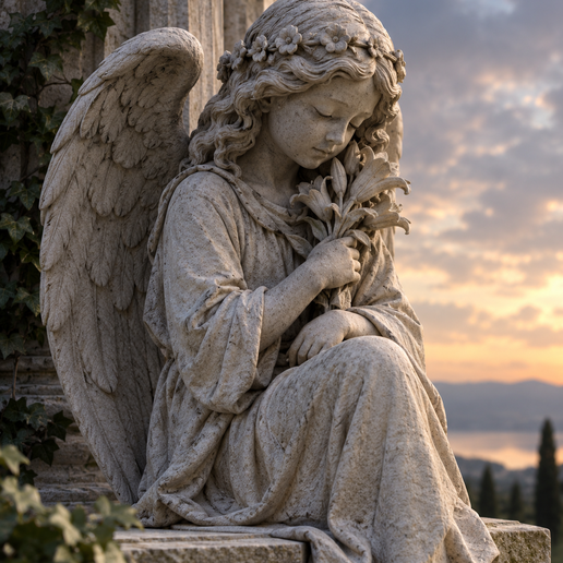 Serene Stone Angel Holding Lilies at Sunset