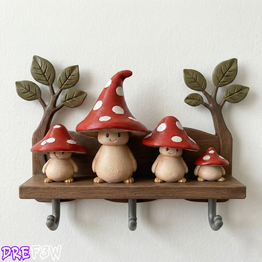 Key Organizer - Decorative Coat Rack with Smiling Mushrooms