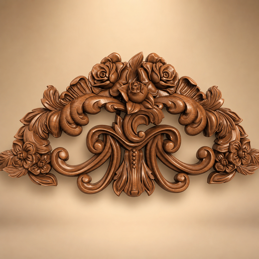 Decorative Floral Crown & Volute Scroll Applique 3D STL Model for Woodworking