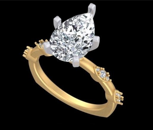 Pear Cut Solitaire Engagement Ring 3D Model | Diamond Accent Bridal Ring Jewelry CAD
