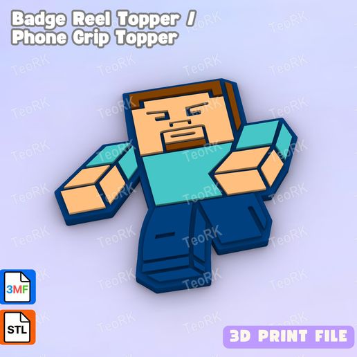Badge Reel Topper Flat Back MINECRAFT STEVE - Phone Grip Topper - 3MF
