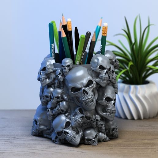 Skull robot pen holder, Cyborg pen holder, Perfect Gamer Gift, Sci-Fi Fans Gift, Skull robot pen holder a380 (2) 3D model
