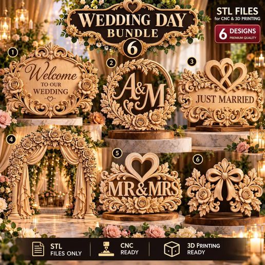 6 Wedding Decor STL Bundle | CNC Wood Carving Relief | Mr & Mrs, Just Married, Wedding Signs