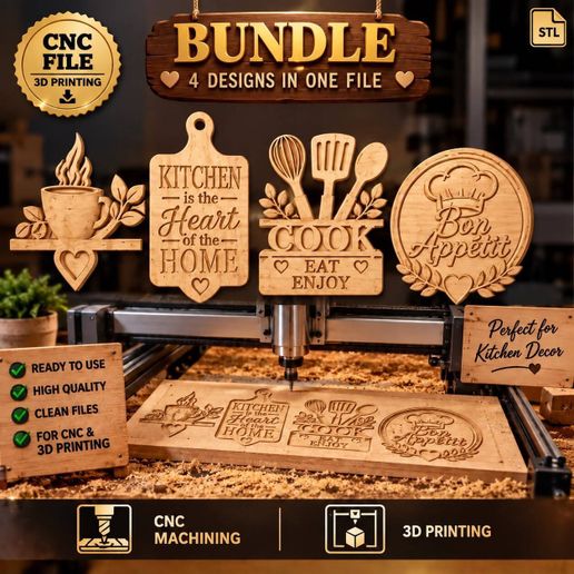 Kitchen Decor Bundle – 4 STL Files | CNC 3D Relief & 3D Printing