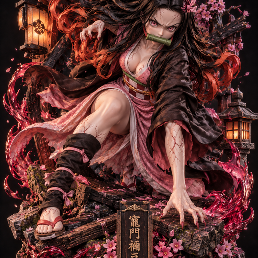 Nezuko Kamado Demon Slayer STL – Fierce Demon Attack Pose with Detailed Diorama Base