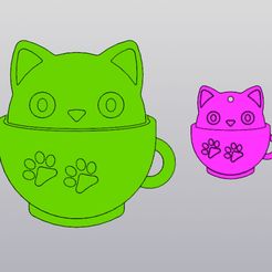 1.jpg Fichier 3D Set 2 modèles Sous-verre et Porte-clés Chat dans une tasse・Modèle à télécharger et à imprimer en 3D