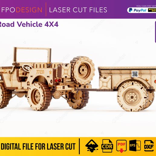 JP-W-REMOLQUE5.jpg Carro de guerra 4x4 con remolque planos corte láser madera mdf aglomerado de 3mm truck  modelo 3d para armar Laser Cut 3D Puzzle DIY png svg