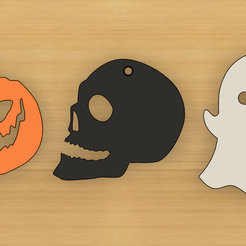 Halloween-Keychains-Skull-Pumpkin-and-Ghost.png 3MF file Ghost, Skull and Pumpkin - Halloween Key Chains - 4mm Hole・3D printable model to download