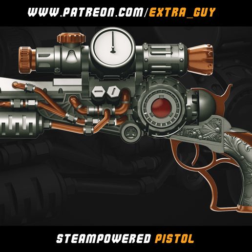 Steampowererd_pistol_01.jpg Файл 3D Пистолет в стиле стимпанк 3d печать 100 мм・Модель 3D-принтера для скачивания, dextraguy
