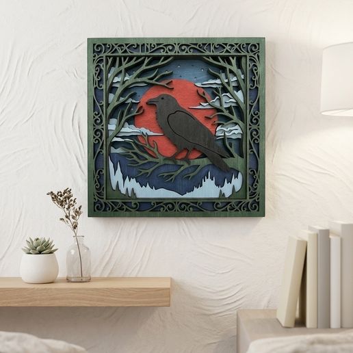 MD461 - Raven Forest Layered Wood SVG, Crow Sunset Laser Cut File, Woodland Bird Wall Art, Nature CNC Pattern