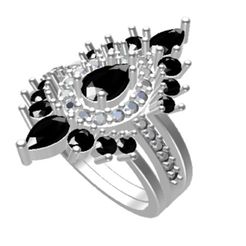 3-Ring-Set-Pear-01.jpg STL file Teardrop Black Onyx Bridal 3 Ring・Design to download and 3D print