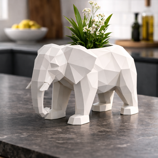 Low Poly Elephant Planter STL – Geometric Animal Vase – Modern Home Decor – 3D Printable Plant Pot