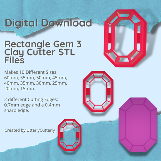 Rectangle Gem 3 Clay Cutter - Jewel STL Digital File Download- 10 sizes and 2 Cutter Versions 3D model