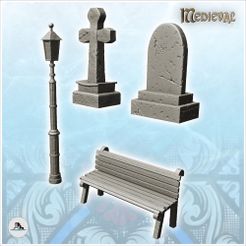 1-PREM.jpg STL file Set of tombstones and outdoor accessories for cemetery (1) - terrain WW2 scenery modern miniatures diaroma・3D print object to download