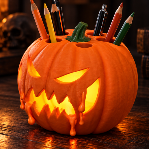 Halloween Pumpkin Pencil Holder - Jack O'Lantern Desk Organizer - 3D Print STL