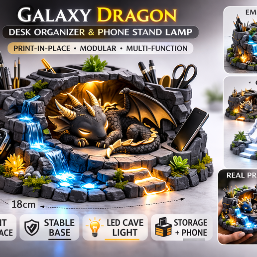 Dragon Desk Organizer – Galaxy Print-in-Place Lamp & Phone Stand.
