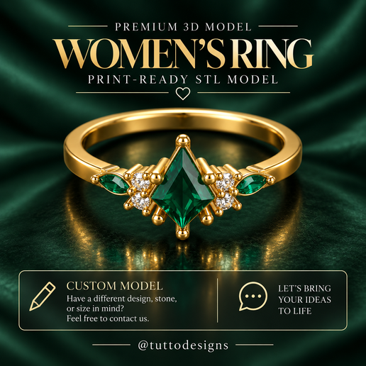 Elegant Women’s Diamond Halo Ring 3D Model Geometric Gold Ring Jewelry STL Print Ready