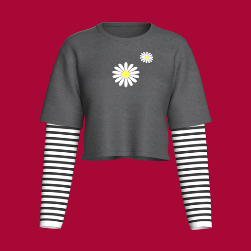 Girls Double Layer Striped Sleeve T-shirt  | Marvelous / Clo3d / obj / fbx