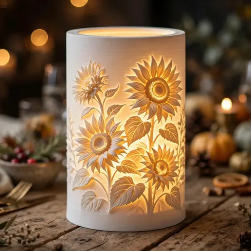 Sunflower Harvest Thanksgiving Lithophane Lamp Shade - 3D Printable LED Night Light, Fall Harvest Table Lamp Decor