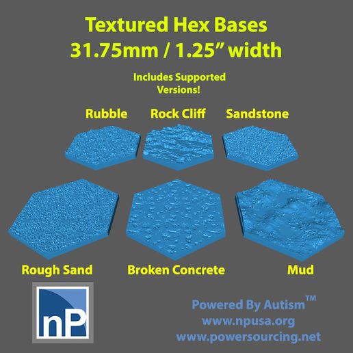 Textured Hex Bases 31.75mm / 1.25” width Includes Supported ATES Ty Rubble Rock Cliff Sandstone Rough Sand Broken Concrete UIT} Pr: Fichier STL Bâtiments et bases de Battletech - pack 3・Design à télécharger et à imprimer en 3D, np-dev