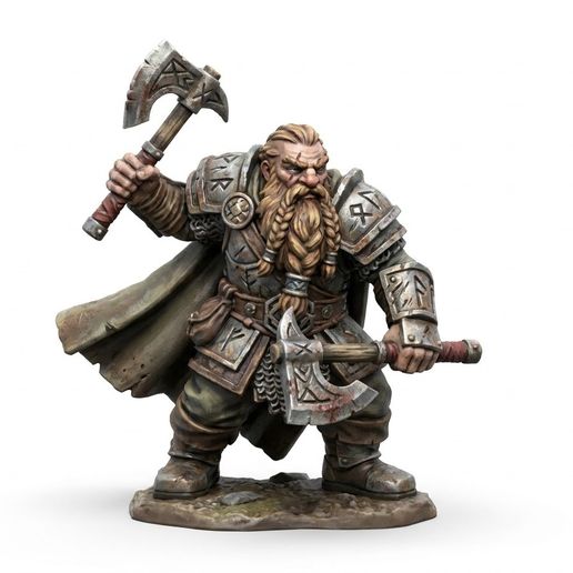 Dwarf Warrior Miniature – Bearded Dwarf with Two Axes & Runic Armor | Tabletop RPG STL