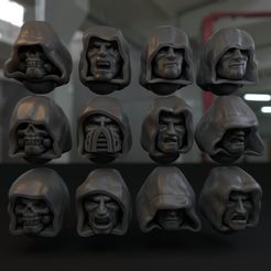 c_with_skulls.jpg Файл STL Лица в капюшонах и черепа для космических рыцарей・Модель 3D-принтера для загрузки