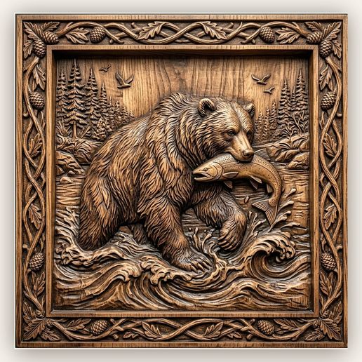 Bear Catching Salmon River CNC Relief STL
