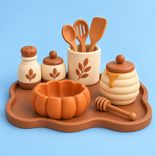 Cozy Kitchen Set for Kids STL | Honey Pot, Utensil Holder, Pumpkin Bowl & Tray