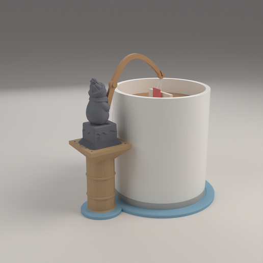 Ice Fishing Penguin Tea Bag Holder - Mug Coaster with a Pier Post and a Curved Rod over the Rim - Rim Clip Version Included - No Supports