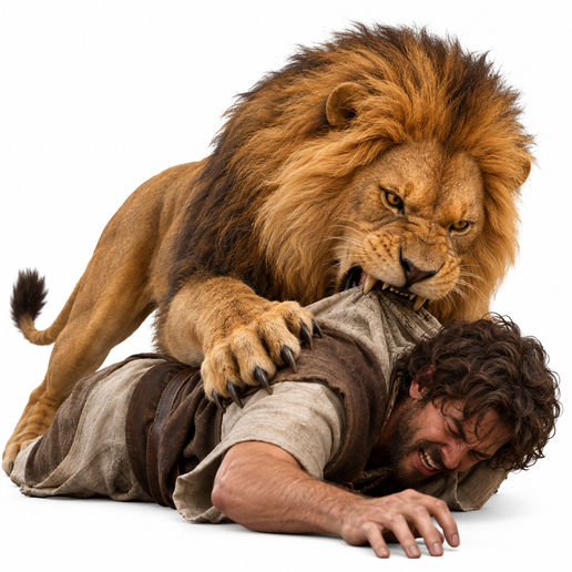 Leão dominador sobre homem em apuros