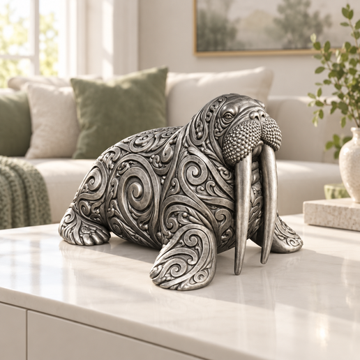 Walross-Figur mit Rankenmuster – STL & 3MF, 15–30 cm