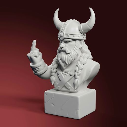 Viking Chieftain Bust STL – Horned Helmet Rude Gesture 3D Print for Desk Display