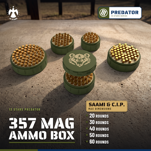 357 MAGNUM AMMO BOX PREDATOR ROUND TWIST LOCK STACKABLE AMMUNITION STORAGE 20/30/40/50/60 ROUNDS 357 MAG | 13 STARS