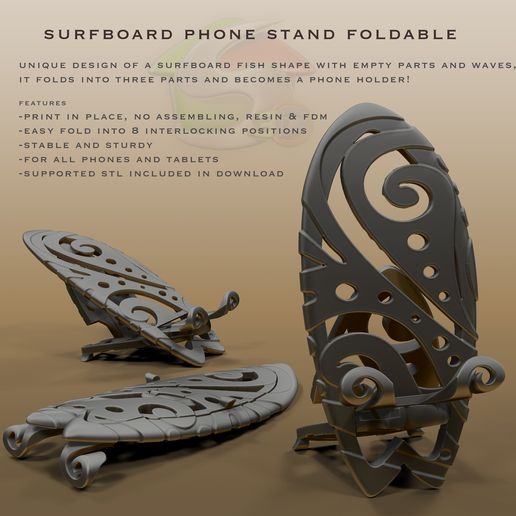 🏄 Surf phone stand foldable, print in place, no assembling