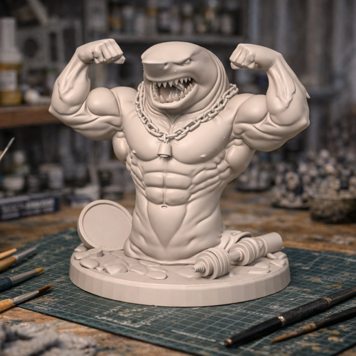 Shark Bodybuilder Bust STL File | Muscular Shark Statue | 3D Printable Fitness Animal Bust | Miniature Model